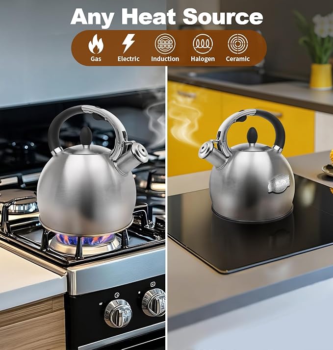 Stainless Steel Tea Kettle, Tea Kettles Stovetop, Vintage Whistling Teapot for Stove, Durable and Rust-Resistant, with a Pot Holder Included, Whistling Tea Kettle 2.64 Quart (Brushed)