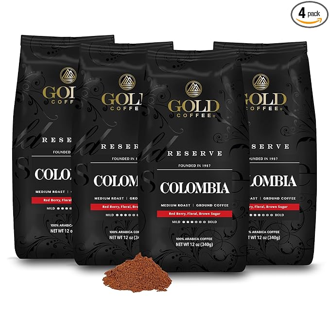 Gold Coffee | Premium Colombia Huila, Medium Roast Ground | 100% Colombian Coffee, 12 oz. (Pack of 4)