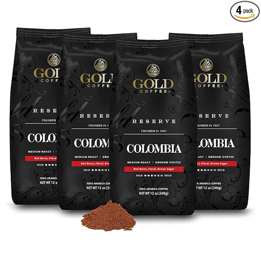 Gold Coffee | Premium Colombia Huila, Medium Roast Ground | 100% Colombian Coffee, 12 oz. (Pack of 4)