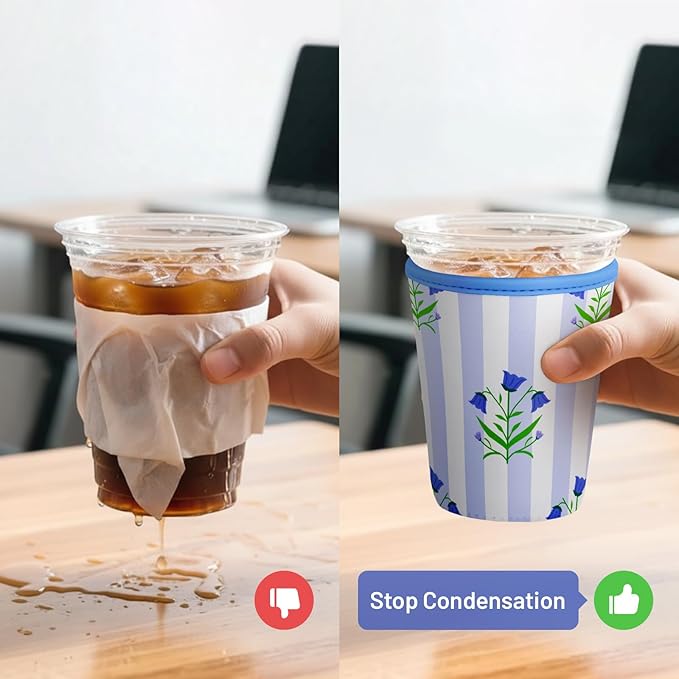 Iced Coffee Sleeve Reusable Cup Sleeves for Cold Drinks Neoprene Koozie Cozy Plastic Cup Covers for Drinks, Stripes Flowers