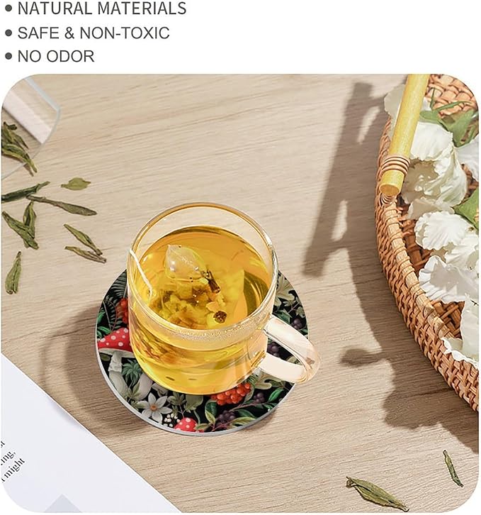 Round-4PCS Botanical Drink Coasters, Round Modern Ceramic Absorbent Coasters, Wild Floral Botanical Mushroom Nature Plants Herbs Decor Desk Coffee Table Coaster for Beverage Cup Tea Coasters