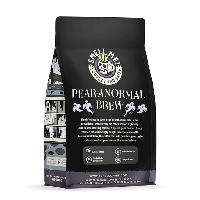 Bones Coffee Company Pear-Anormal, Caramel and Spiced Pear Flavored Coffee, Medium Roast Low Acid Arabica Beans Compatible with Auto drip and French Press Coffee Maker, 12 Oz Whole Bean