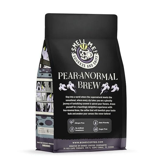 Bones Coffee Company Pear-Anormal, Caramel and Spiced Pear Flavored Coffee, Medium Roast Low Acid Arabica Beans Compatible with Auto drip and French Press Coffee Maker, 12 Oz Ground