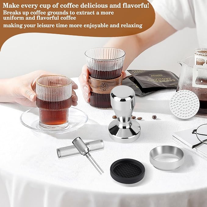 53mm Espresso Accessories Kit, 316 stainless steel Espresso Tamper, WDT Tool, Puck Screen and Dosing Funnel Set Fits Delonghi 53 mm Espresso Coffee Machines and Portafilter, Barista Tools