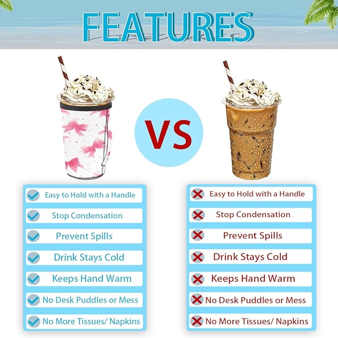 Pink Bows Reusable Coffee Sleeves Iced Coffee Cozy Insulator,Coquette Bow Neoprene Holder with Handle for Cold Coffee or Ice Drink, Medium 24-28oz
