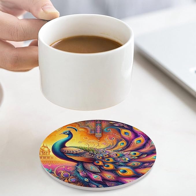 Round-4PCS Peacock Ceramic Coasters, Round Absorbent Drink Coasters, Boho Art Beautiful Colorful Floral Peacock Pattren Ceramic Table Coasters for Coffee, Beverage, Wine, Beer Coasters