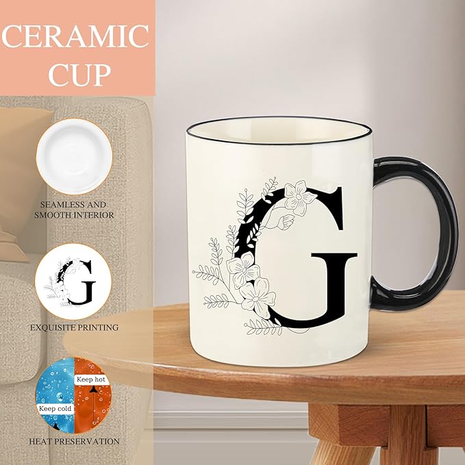 Monogram Ceramic Coffee Mugs, 11 oz Initial Drinking Cup with Gift Box, Unique Birthday Valentines Day Gifts for Women Wife Mothers Day Grandma Mom Aunt, G