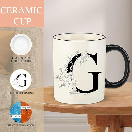 Monogram Ceramic Coffee Mugs, 11 oz Initial Drinking Cup with Gift Box, Unique Birthday Valentines Day Gifts for Women Wife Mothers Day Grandma Mom Aunt, G