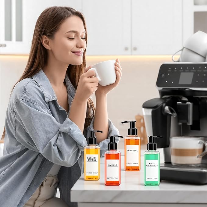 Nuogo 6 Pcs Coffee Syrup Dispenser Set 750ml, 500ml, 300ml, 150ml Pet Black Syrup Bottles with Pump Dispenser 27 Labels for Coffee Bar Kitchen Accessories Portable Travel(5 oz,Square)