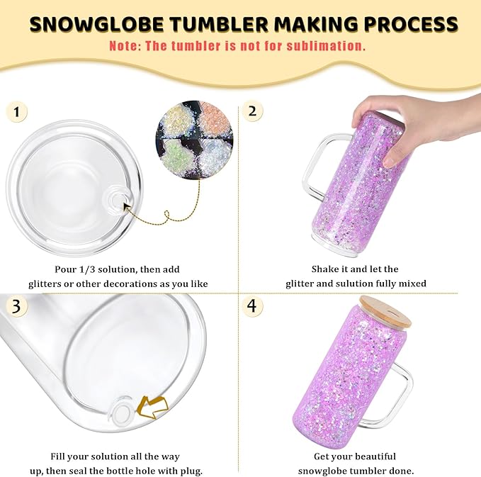20 Oz Snow Globe Glass Cup With Handle, 6 Pack Pre-Drilled Double Wall Glass Coffee Mug For Snowglobe Diy Glitter, Double Wall Snow Globe Tumbler with Bamboo Lid
