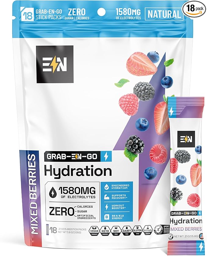 Engineered Nutrition Sugar-Free Electrolyte Powder Packets - Mixed Berries - Keto Hydration Packets with Magnesium, Potassium & Sodium - Zero Calorie, Vegan, Non-GMO, Gluten-Free, 18 Single Servings