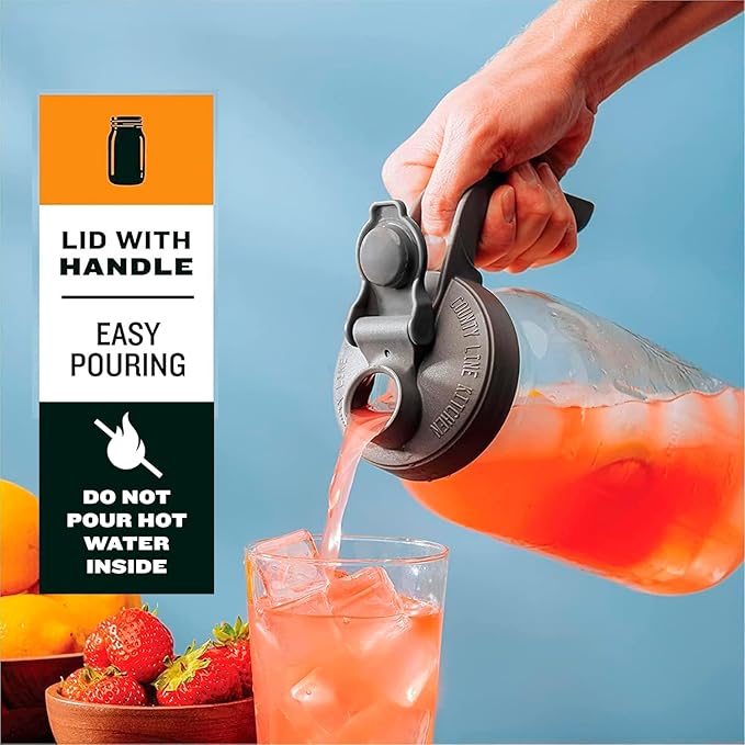 County Line Kitchen Glass Mason Jar Pitcher with Lid - Wide Mouth, 1 Quart (32 oz) - Heavy Duty, Leak Proof - Sun & Iced Tea Pitcher, Cold Brew Coffee, Breast Milk Storage, Water - Sunrise Orange