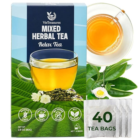 VieTreasures Relax Herbal Tea – 40 Tea Bags | Promotes Relaxation | Tieguanyin Base with Passionflower & Honeysuckle | Jasmine Infusion, Caffeine-Free, Sugar-free, Organic Blends, 2.8oz