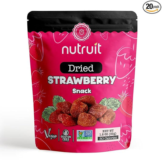 Nutruit Dried Strawberry Snack (Pack of 20) No Added Sugar, Healthy Fruit Snacks, Fresh, Vegan, Gluten Free, Non GMO, Plant Based, High Fiber, 1.1 oz Packs