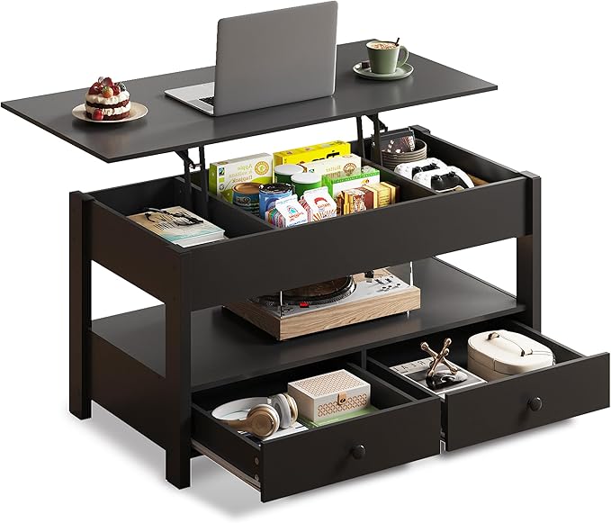 WLIVE Coffee Table, Lift Top Coffee Table with 2 Drawers, Large Storage and Open Shelf, Lift Tabletop for Living Room, Black