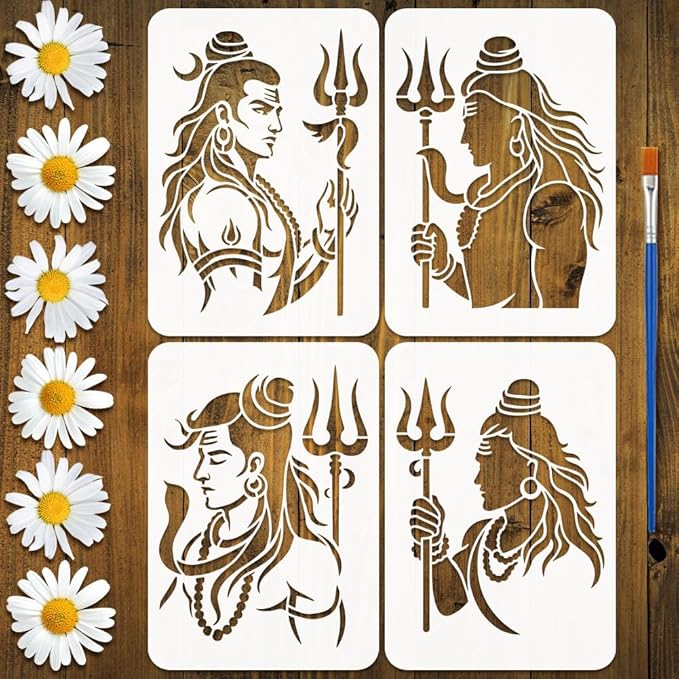 FINGERINSPIRE 4PCS India Shiva Painting Stencil with Paint Brush 8.3x11.7inch Character Silhouette Pattern Drawing Template Plastic Moon Man Snake Stencil Indian Theme Template for Home Decoration