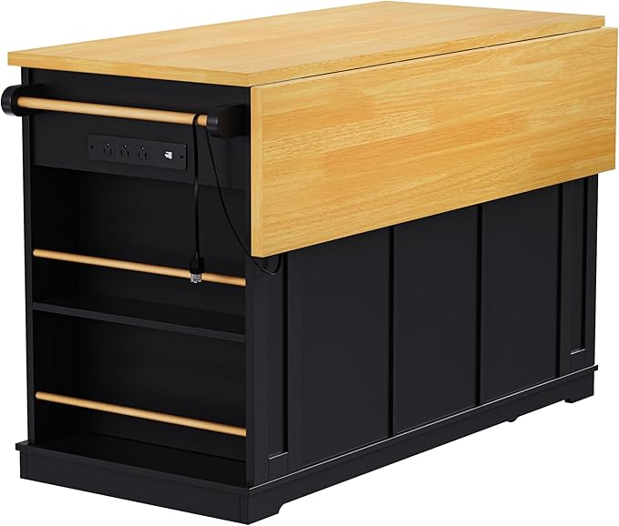 Yayzy Rolling Kitchen Island with Drop Leaf & Storage, Mobile Kitchen Cart on Wheels with 5 Open Shelves, Towel Rack & Power Outlet for Kitchen and Dining Room, Black, 53-Inch