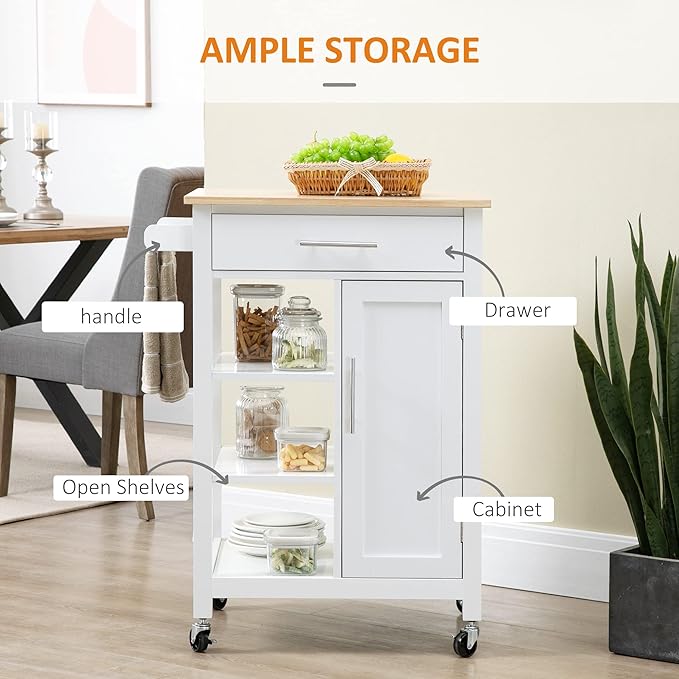 HOMCOM Kitchen Island Cart, Rolling Kitchen Island with Storage Shelf, Solid Wood Top, Drawer, for Dining Room, White