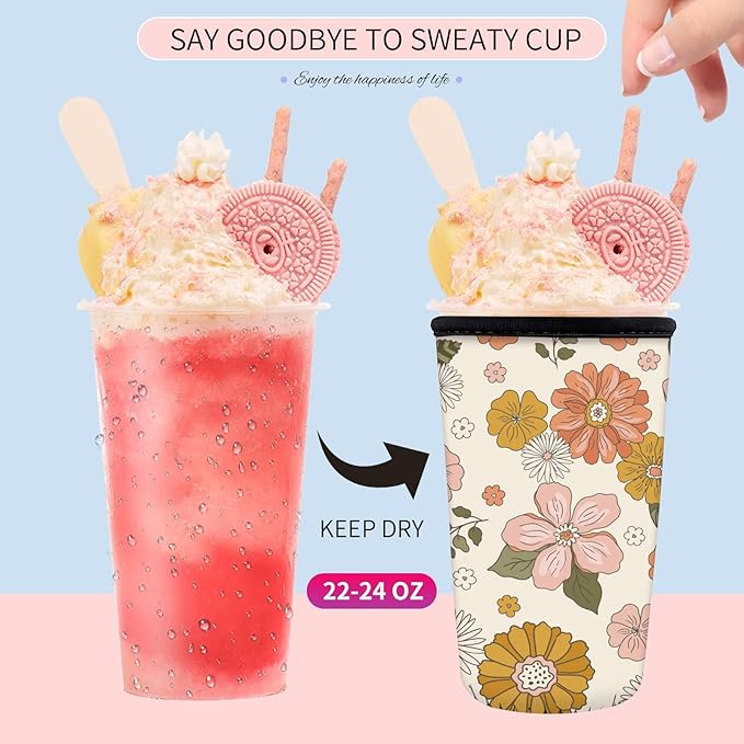 Reusable Neoprene Insulator Sleeve for Iced Coffee Cups, Medium 22-28oz Durable Drink Sleeve for Cold Beverages, Cute Beverage Holder Cup Sleeve for Women Men Cute Pink Floral
