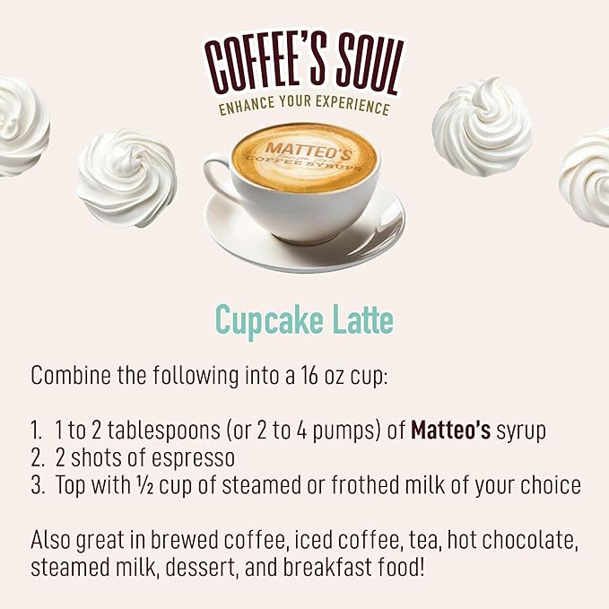 Matteo's Cupcake Syrup for Coffee, Lattes, Cappuccinos & Desserts – Sugar-Free Sweetener for Beverages, Keto Friendly, Zero Calories, Indulgent Flavor, Non-Alcoholic, Ideal for Hot Drinks 33.8oz (6pk)