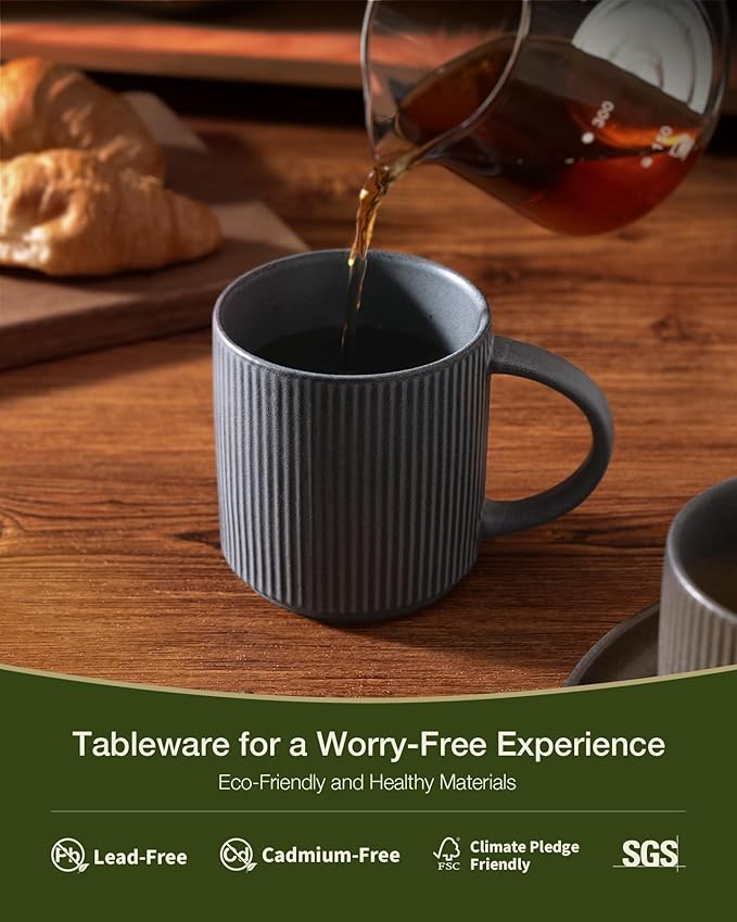 famiware Coffee Mug Set for 8, Star 12 oz Catering Mugs Cup Set with Handle for Coffee, Tea, Cocoa, Milk - Ceramic Stoneware Drinkware Set, Matte Dark Charcoal
