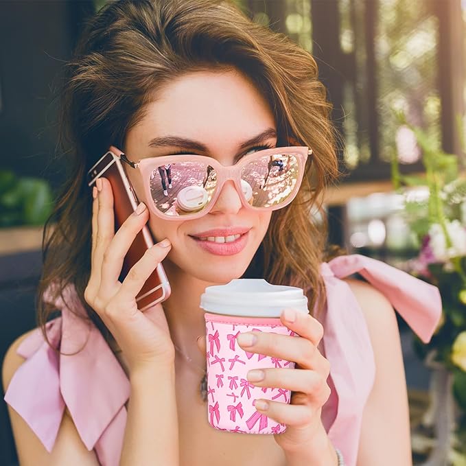 Reusable Insulated Sleeve for Iced Coffee Cup, Coffee Neoprene Sleeve for Cold & Hot Drinks, Beverage Holder for Iced Coffee (Pink Bows, Small: 16-18oz)