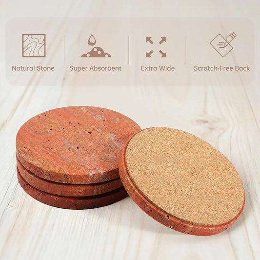 Red Travertine Coasters Set of 4, 10cm Diameter Natural Stone Coasters with Non-Slip Cork Backing, for Coffee Table Kitchen Office Decor