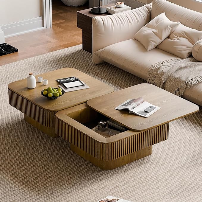 SZTHHDF Square Coffee Table for Living Room,Fluted Drum Accent Tea Center Table with Storage,Solid Wood Modern Coffee Tables for Small Space Office Apartment (31.5" L×31.5''W×14''H-Brown)