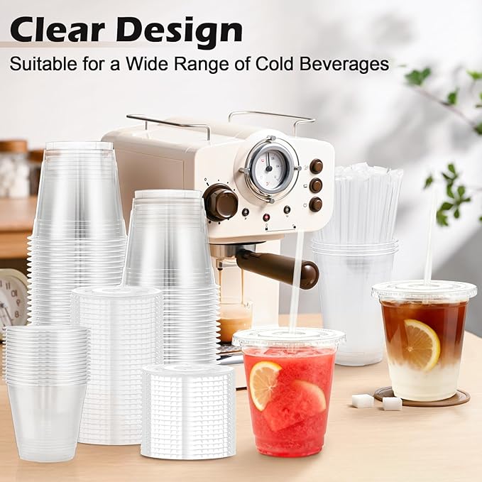 Lamosi 100 Pack 12 oz Clear Plastic Cups with Lids and Straws, Disposable Plastic Coffee Cups with Lids for Iced Coffee, Cold Beverages, Smoothies and To-Go Drinks