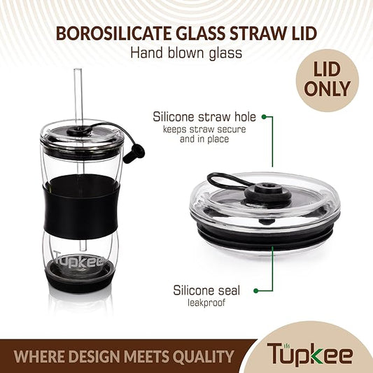 Tumbler Replacement Straw Lid - For Hand Blown Glass Travel Mug, 20-Ounce, Black