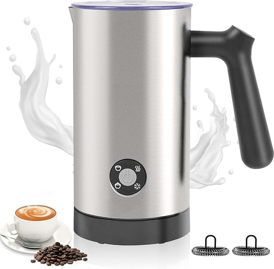 Milk Frother, 4-in-1 Milk Frother and Steamer, 10.6oz Electric Milk Steamer, Automatic Cold and Hot Foam maker for Lattes, Cappuccinos, Ceramic Lining Interior, Brushed