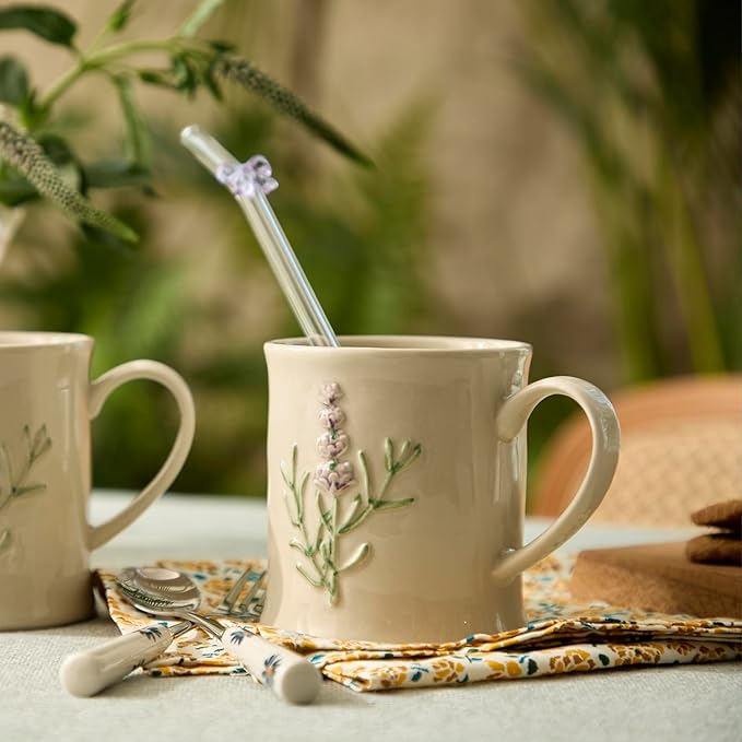 Artisanal Handcrafted Ceramic Mug with Sage Botanical Design - 10oz Off-White Stoneware Coffee Cup, Elegant Purple Sage Pattern, Dishwasher Safe, Comfort Grip Handle for Daily Use-4pack