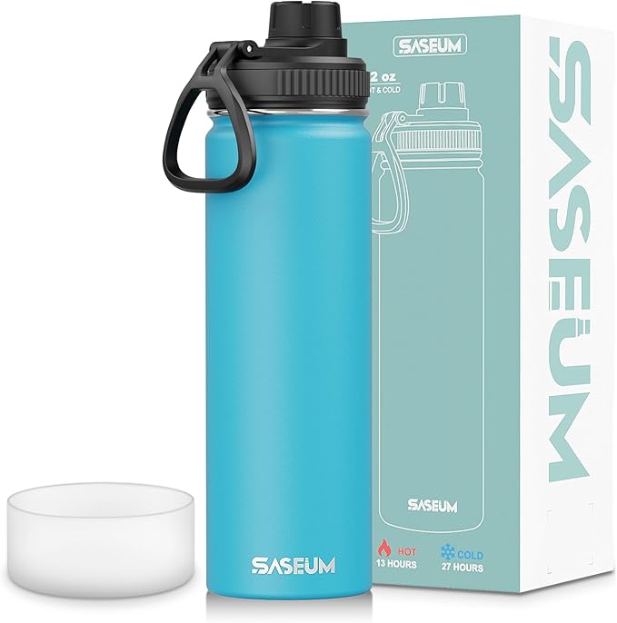 SASEUM Sport Water Bottle 22oz Stainless Steel Double Wall Vacuum Thermal Mug with Leak Proof Spout Lids, Wide Mouth Metal Insulated Water Jug for Gym and Travel（Sky Blue）