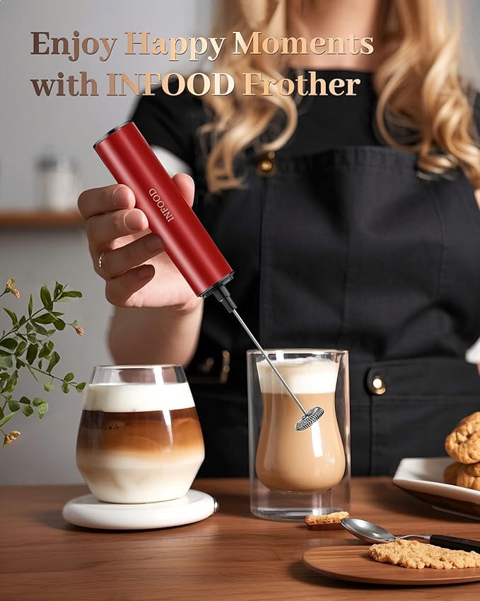 INFOOD Milk Frother Rechargeable with Cover - Coffee Frother Wand, Drink Mixer Handheld with 2 Detachable Stainless Whisks 2 Speed Adjustable for Latte, Cappuccino, Hot Chocolate, Egg, Red