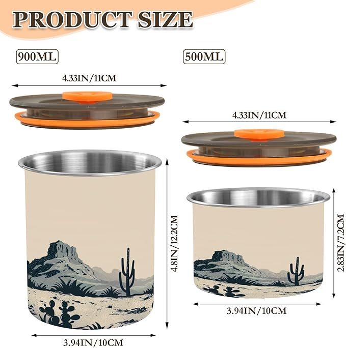 YETTASBIN Desert Cowboy Airtight Food Storage Containers 500ml/19oz, Stainless Steel Coffee Canisters with Vacuum-Lock Lid for Kitchen Organization, Coffee Bean, Tea, Sugar, Flour