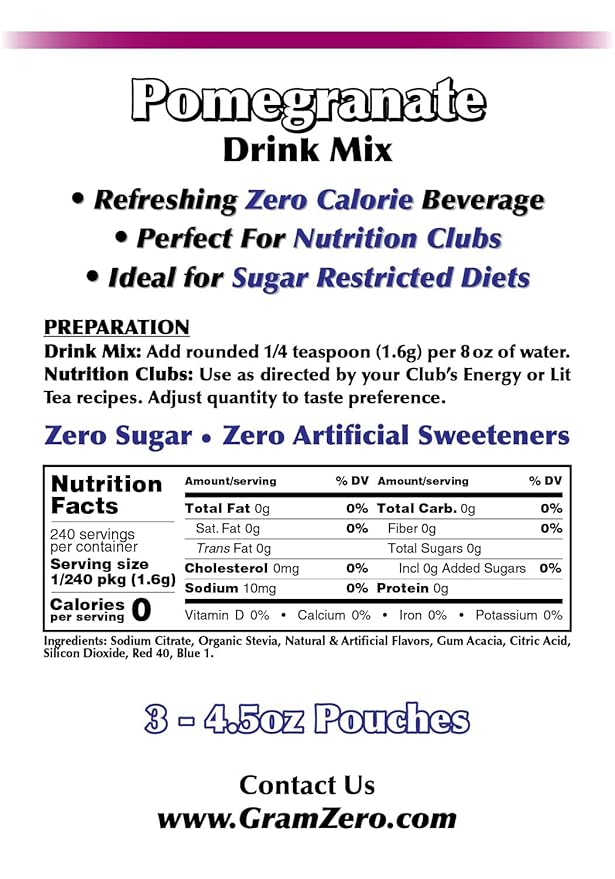 GramZero Pomegranate Zero Calorie Sugar Free Drink Mix, Great For Nutrition Club Loaded Teas, Stevia Sweetened
