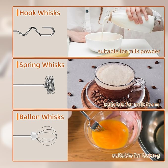 Milk Frother Rechargeable,Handheld Milk Frother, 3 Heads Rechargeable Mini Drink Mixer Stirrers, 3 Speed Adjustable Coffee Frother Wand, Drinks mixer electric handheld milk frothe