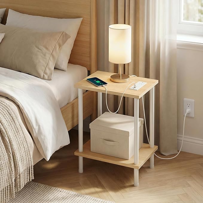 HOOBRO Side Table with Charging Station, End Table with USB Port and Outlet, Nightstand with 2-Layer Storage Shelves for Small Spaces, Living Room, Bedroom, Stable Frame, Natural and White WN09UBZ01