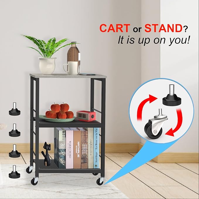 MOOACE Rustic 3 Tier End Table with Wheel,Side Table Nightstand Storage Shelf for Bedroom,Kitchen,Living Room and Office, Stable Metal Frame,Wood Top, Easy Assembly - Gray