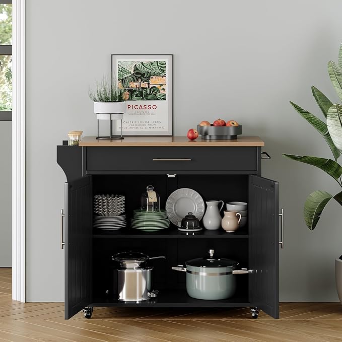 Kitchen Storage Island, Wooden Rolling Kitchen Island On Wheels with Countertop, Mobile Kitchen Island Cart with Towel Rack, Spice Rack and Drawers, Black