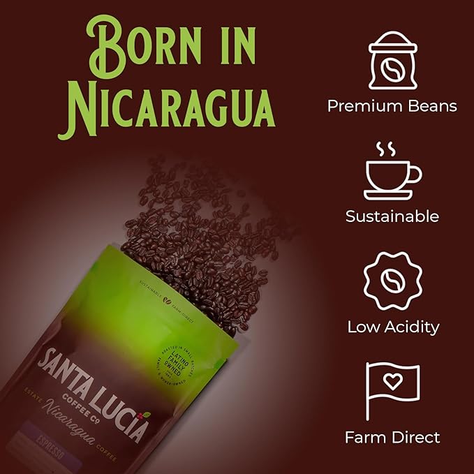 Santa Lucia Coffee Café Crema Espresso Roast Coffee - Specialty Volcanic Nicaraguan Espresso Roast - Farm-Direct, Low-Acid - Dense Golden Crema - 91-Point, Small-Batch - Ground - 16oz (Pack of 3)