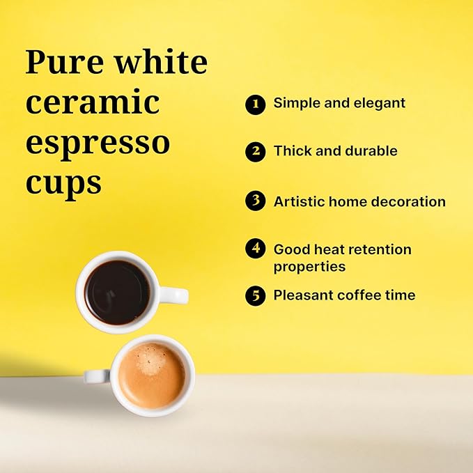 Stylusella 2.5 oz / 75 ml Pure White Ceramic Espresso Cups, Set of 2, Demitasse Espresso Mugs, SSE-114-16