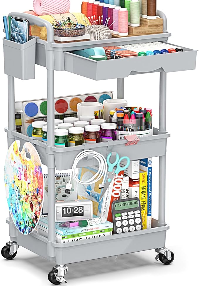 3 Tier Rolling Cart with Drawer, Bathroom Storage Organizer with 2 Lockable Wheels, Multifunctional Rolling Storage Cart for Bathroom, Kitchen, Office, Craft, Makeup, Baby Essentials, Gray