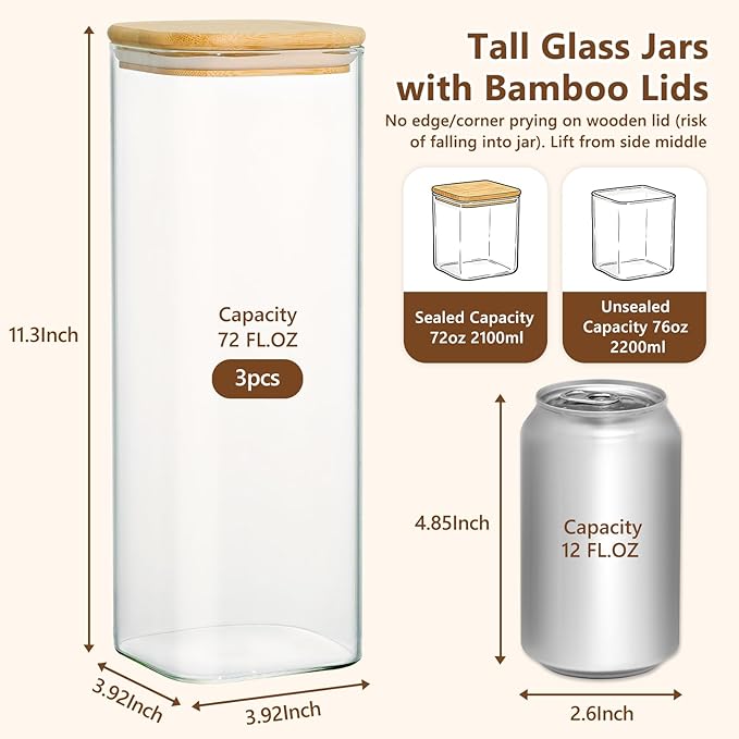 KEYWING 72oz Glass Spaghetti Pasta Storage Containers with Lids, 3-Pack Tall Square Airtight Food Jars for Pantry Noodles Flour Oats Cereal Sugar Beans