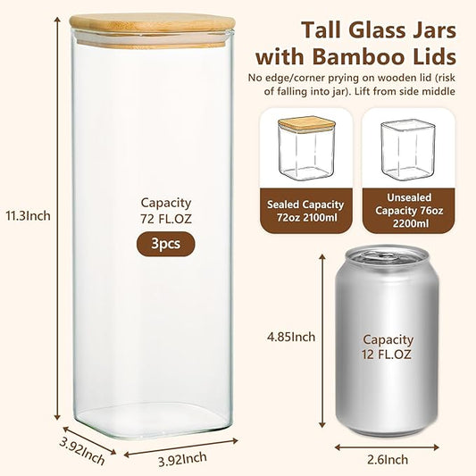KEYWING 72oz Glass Spaghetti Pasta Storage Containers with Lids, 3-Pack Tall Square Airtight Food Jars for Pantry Noodles Flour Oats Cereal Sugar Beans
