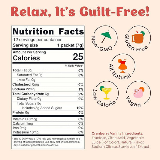 Craftmix Cranberry Vanilla Cocktail & Mocktail Drink Mixer, Skinny Mixes - Water Flavoring Packets - Made With Real Fruit - Vegan, Low-Carb, Low-Sugar, Non-GMO, Dairy Free, Gluten Free, 12 Pack