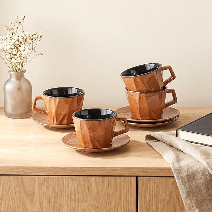 MyBudsBuzz Ceramic Espresso Cups with Saucers 6 oz,Coffe Cups for Cappuccino,Latte,Tea with Saucers Set of 2 - Geometry - Brown