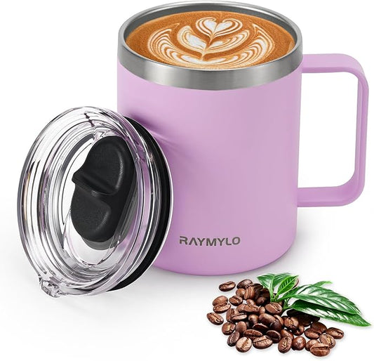 Insulated Coffee Mug 12 oz, Double Wall Stainless Steel Coffee Mug with Lids, Leak-Proof & Detachable Slider Lid for Thorough Clean, Keeps Coffee Cold for 9 Hrs, Suitable for Camp Home Office