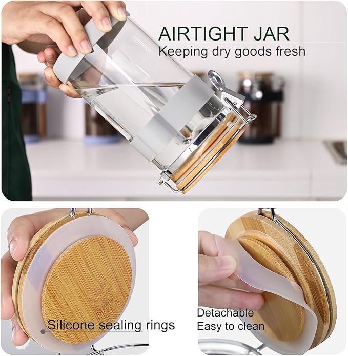 Airtight Glass Protein Powder Container with Scoop, 40oz (1200ml) Glass Supplement Storage Jar, Large Food Canister with Bamboo Lid for Kitchen & Pantry Organization - Ideal for Creatine,BCAA,Collagen