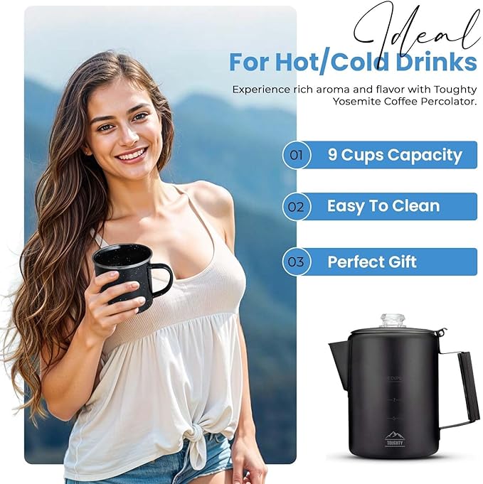 Toughty Yosemite Percolator Coffee Pot – Classic Stovetop Coffee Maker for Camping, Hiking & Home, Durable Stainless Steel Pot, Compatible with All Stovetops – Old-Fashioned 9-Cup Percolator, Black